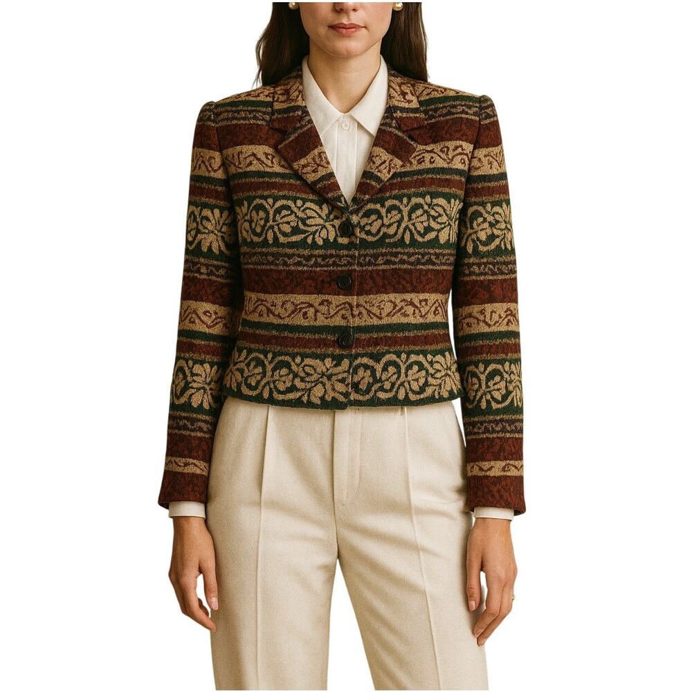 Jones New York Petite 8P 100% Silk Blazer Green Brown Tapestry Jacket Vintage
